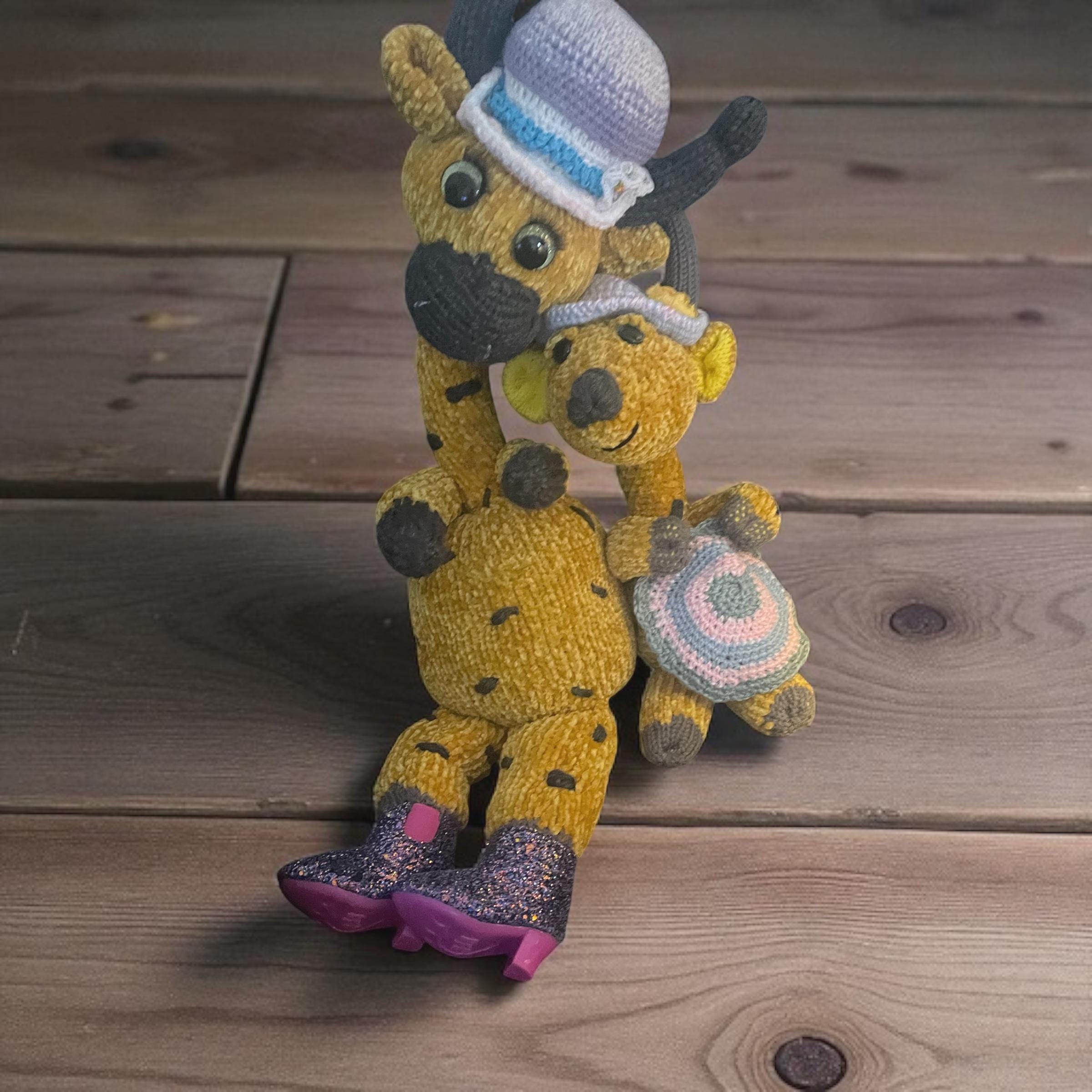 Handmade Velvet Giraffe Duo: Mama & Baby, Knitted Plush Toys